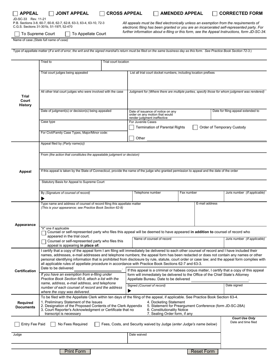 Form JD-SC-33 Download Fillable PDF or Fill Online Appeal Form ...