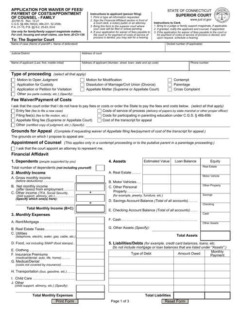 Form JD-FM-75 Application for Waiver of Fees/Payment of Costs/Appointment of Counsel - Family - Connecticut
