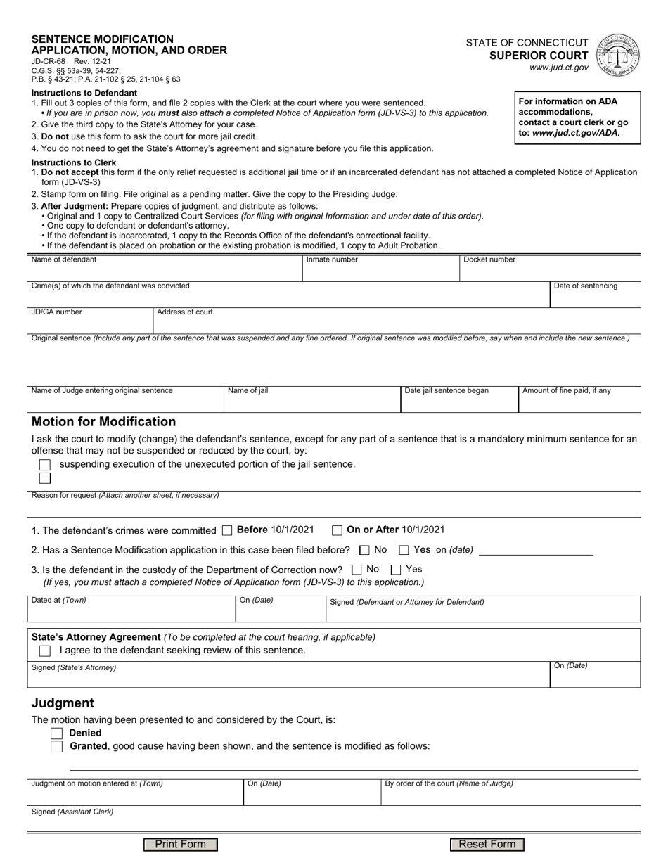 Form JD-CR-68 Sentence Modification Application, Motion, and Order - Connecticut, Page 1