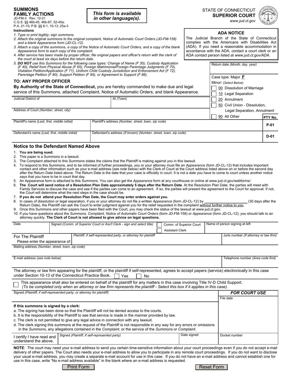 Form JD-FM-3 Summons - Family Actions - Connecticut, Page 1