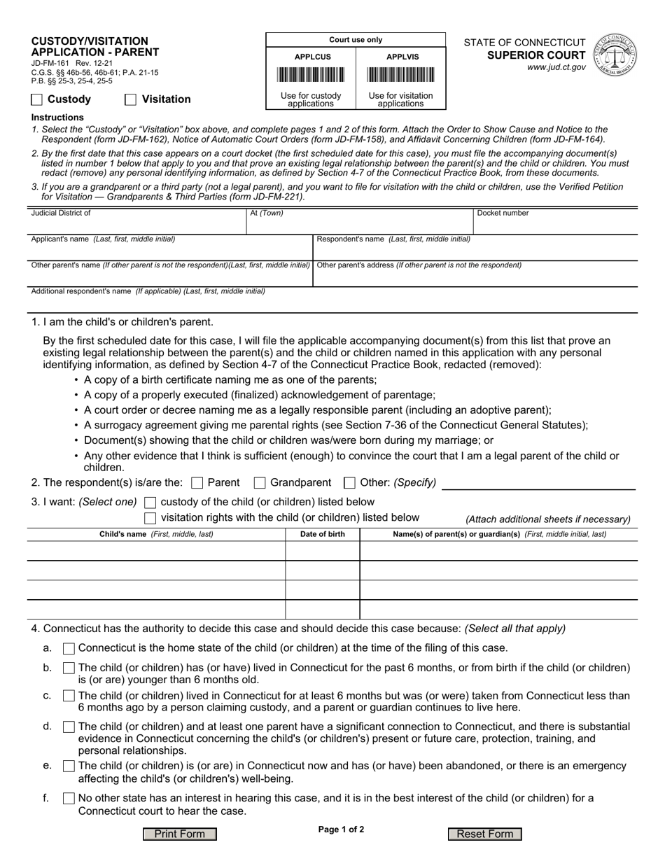Form JD-FM-161 Custody / Visitation Application - Parent - Connecticut, Page 1