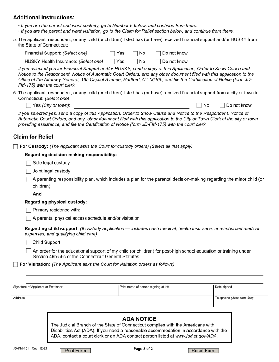Form JD-FM-161 Custody / Visitation Application - Parent - Connecticut, Page 2