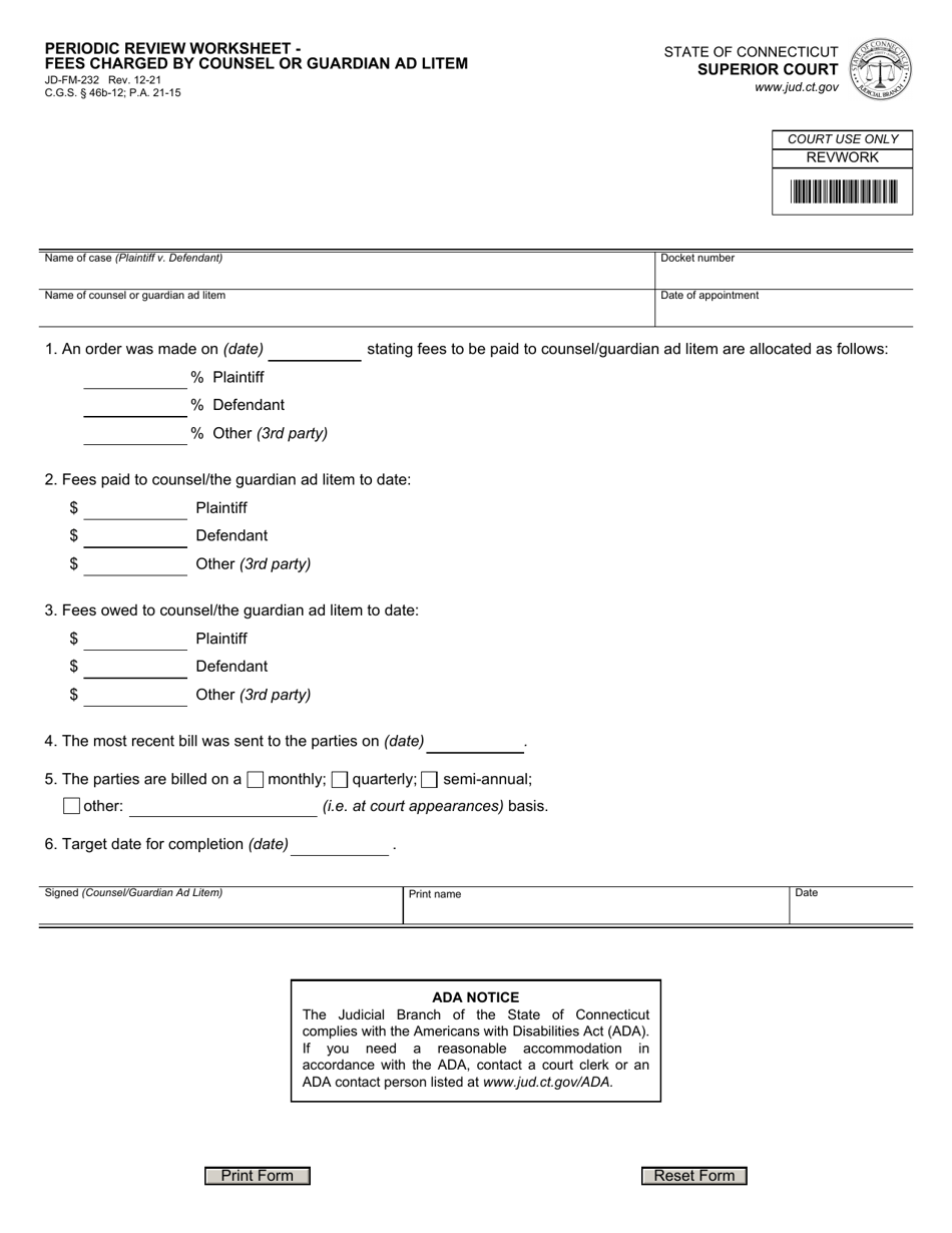 Form JD-FM-232 Periodic Review Worksheet - Fees Charged by Counsel or Guardian Ad Litem - Connecticut, Page 1
