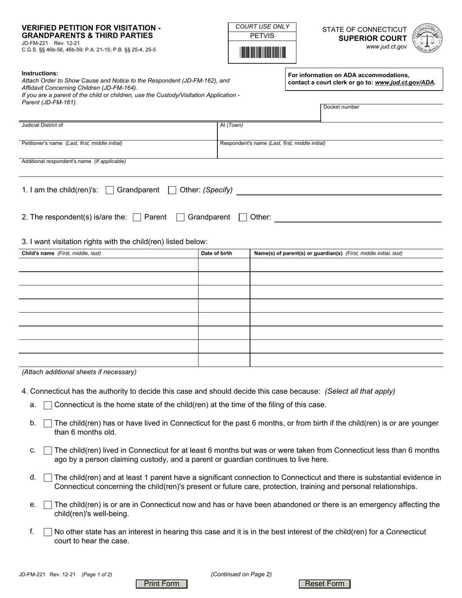 Form JD-FM-221 Verified Petition for Visitation - Grandparents and Third Parties - Connecticut, Page 1