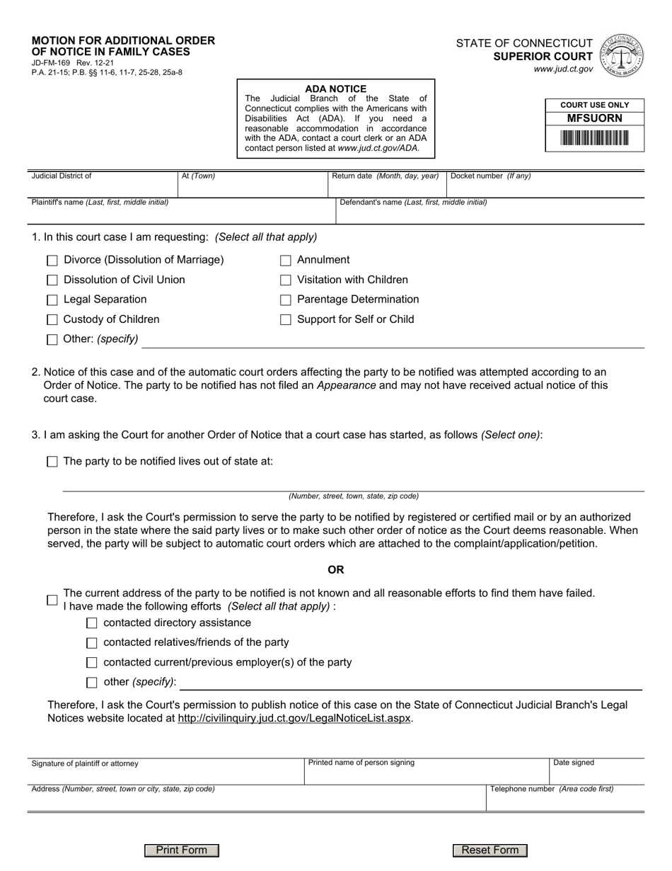 Form JD-FM-169 Motion for Additional Order of Notice in Family Cases - Connecticut, Page 1