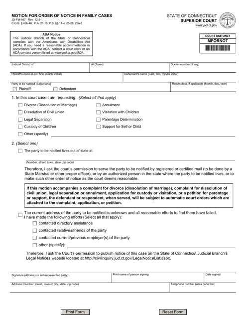 Form JD-FM-167 Motion for Order of Notice in Family Cases - Connecticut