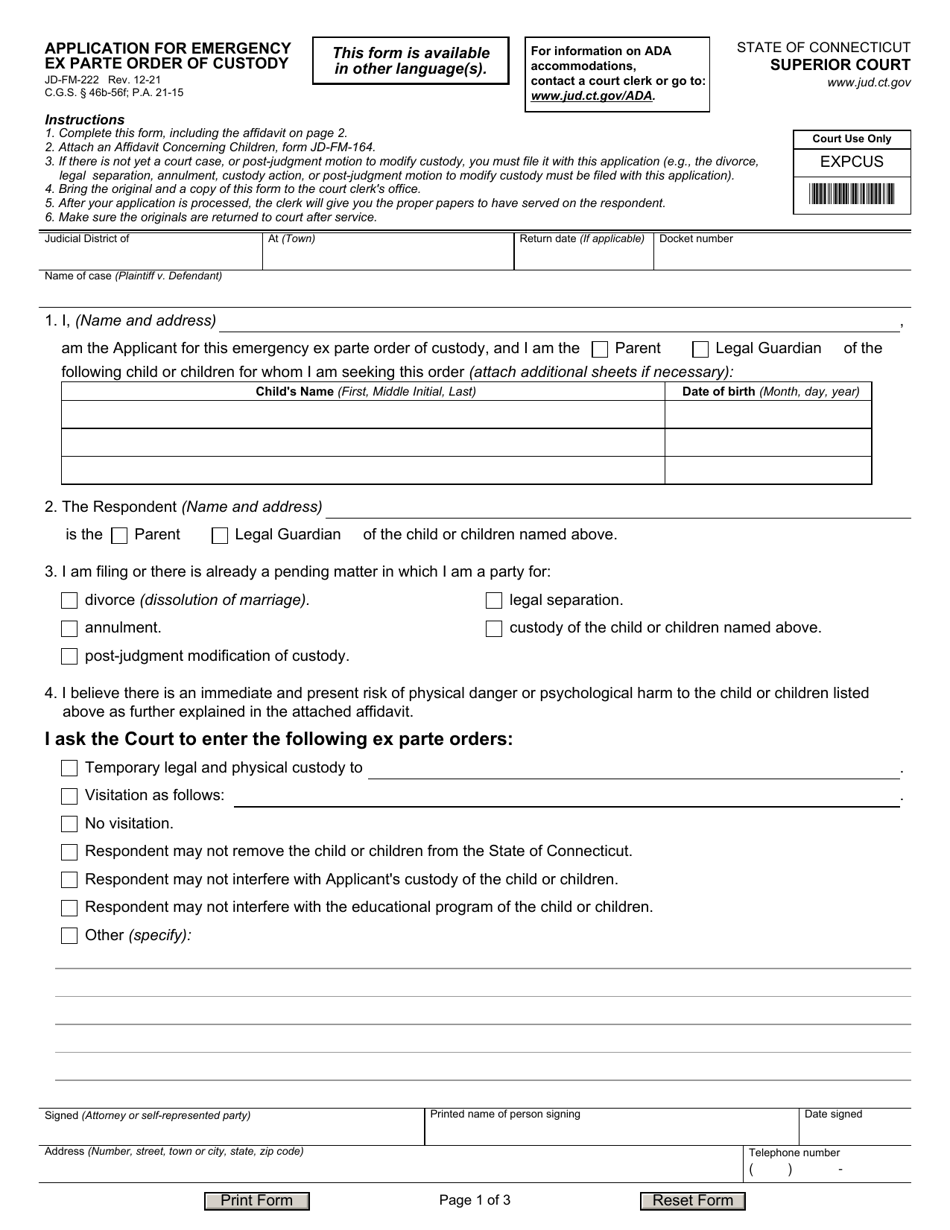 Form JD-FM-222 Application for Emergency Ex Parte Order of Custody - Connecticut, Page 1
