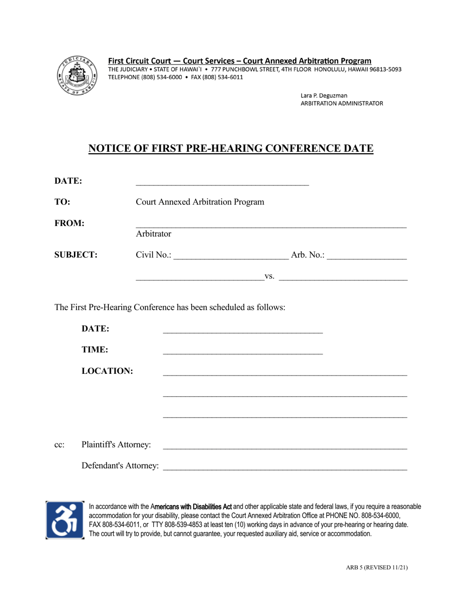 Form ARB5 Notice of First Pre-hearing Conference Date - Hawaii, Page 1