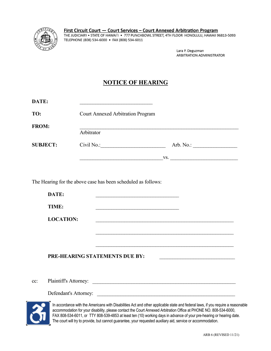 Form ARB6 (1C-P-501) Notice of Hearing - Hawaii, Page 1