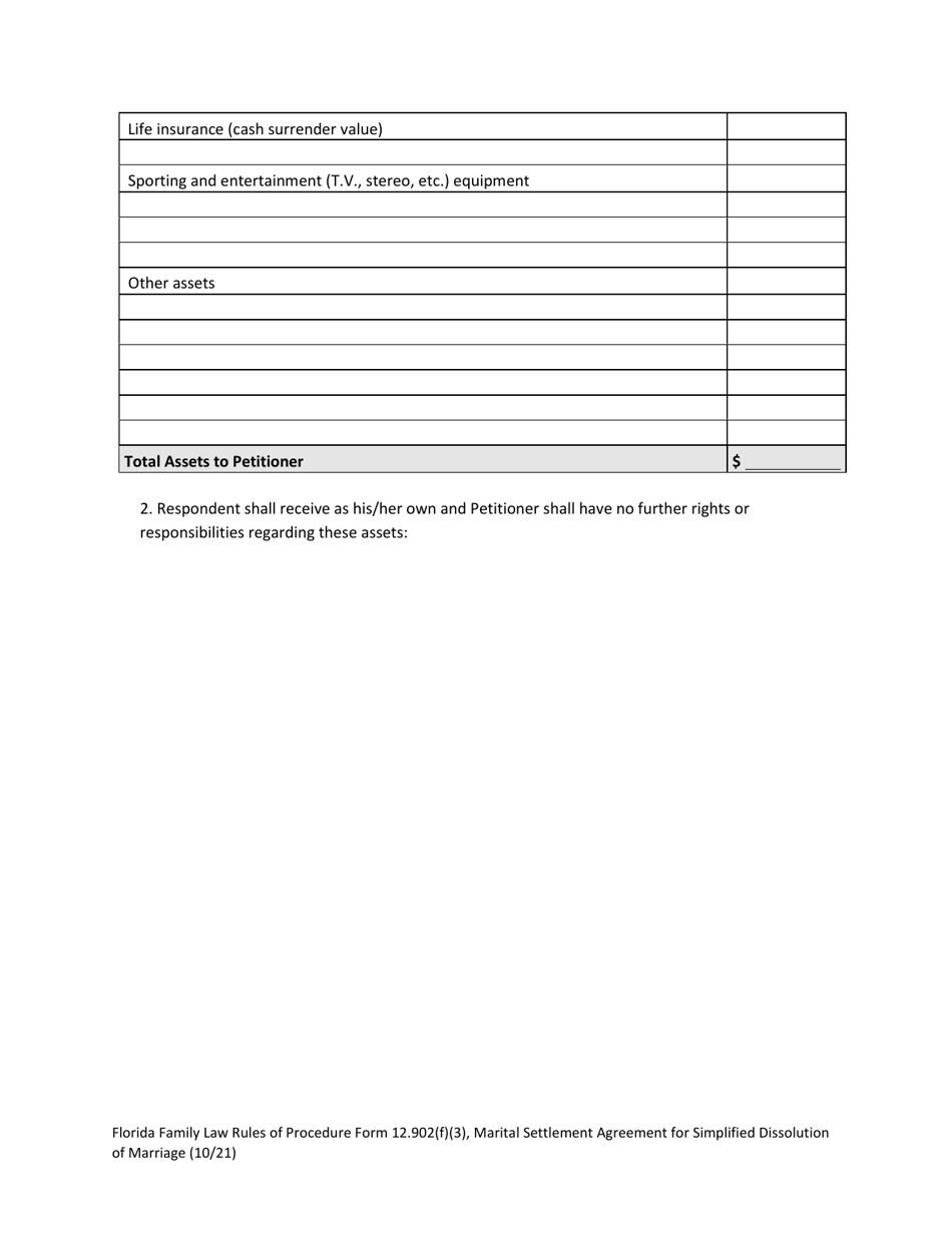 Form 12.902(F)(3) Marital Settlement Agreement for Simplified Dissolution of Marriage - Florida, Page 5