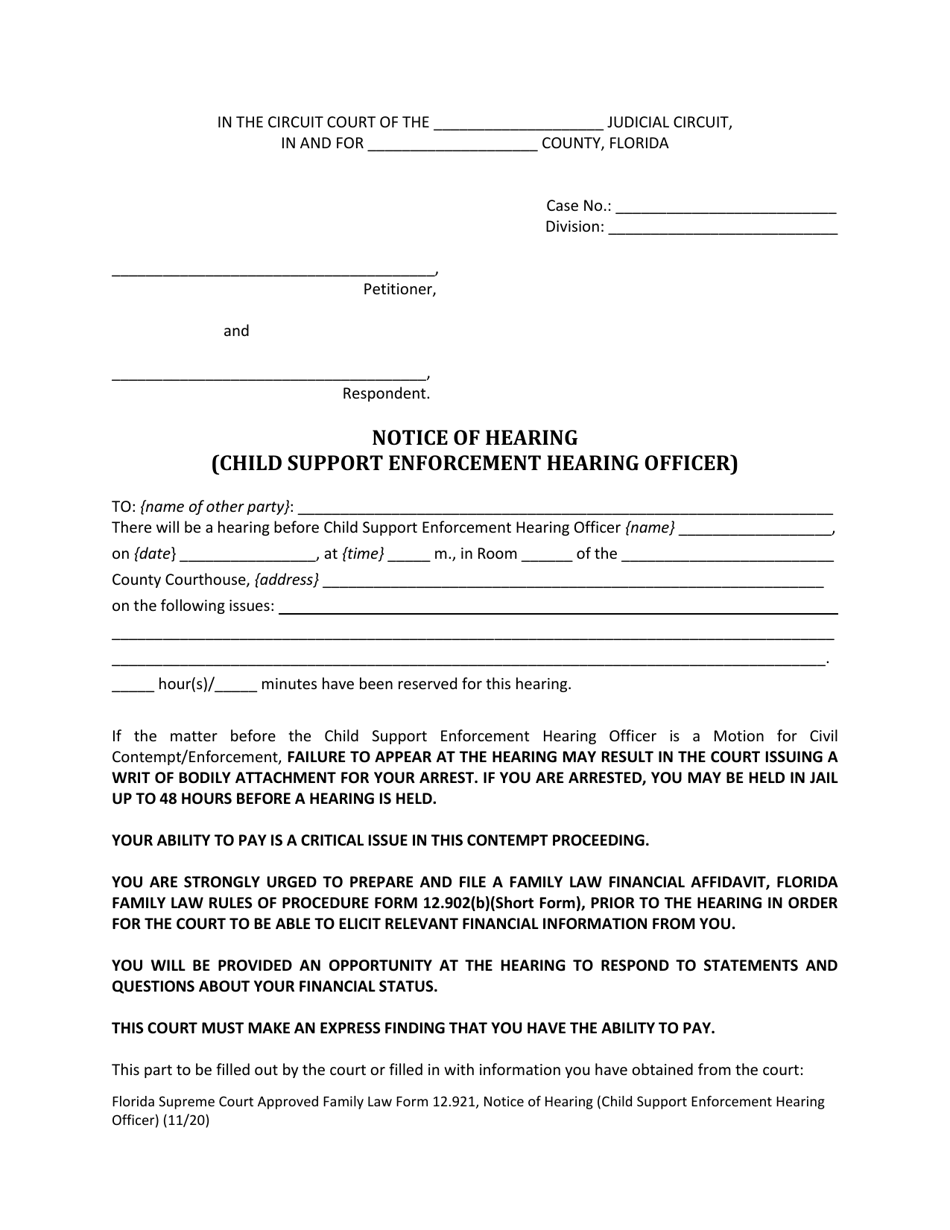 Form 12.921 Notice of Hearing (Child Support Enforcement Hearing Officer) - Florida, Page 3