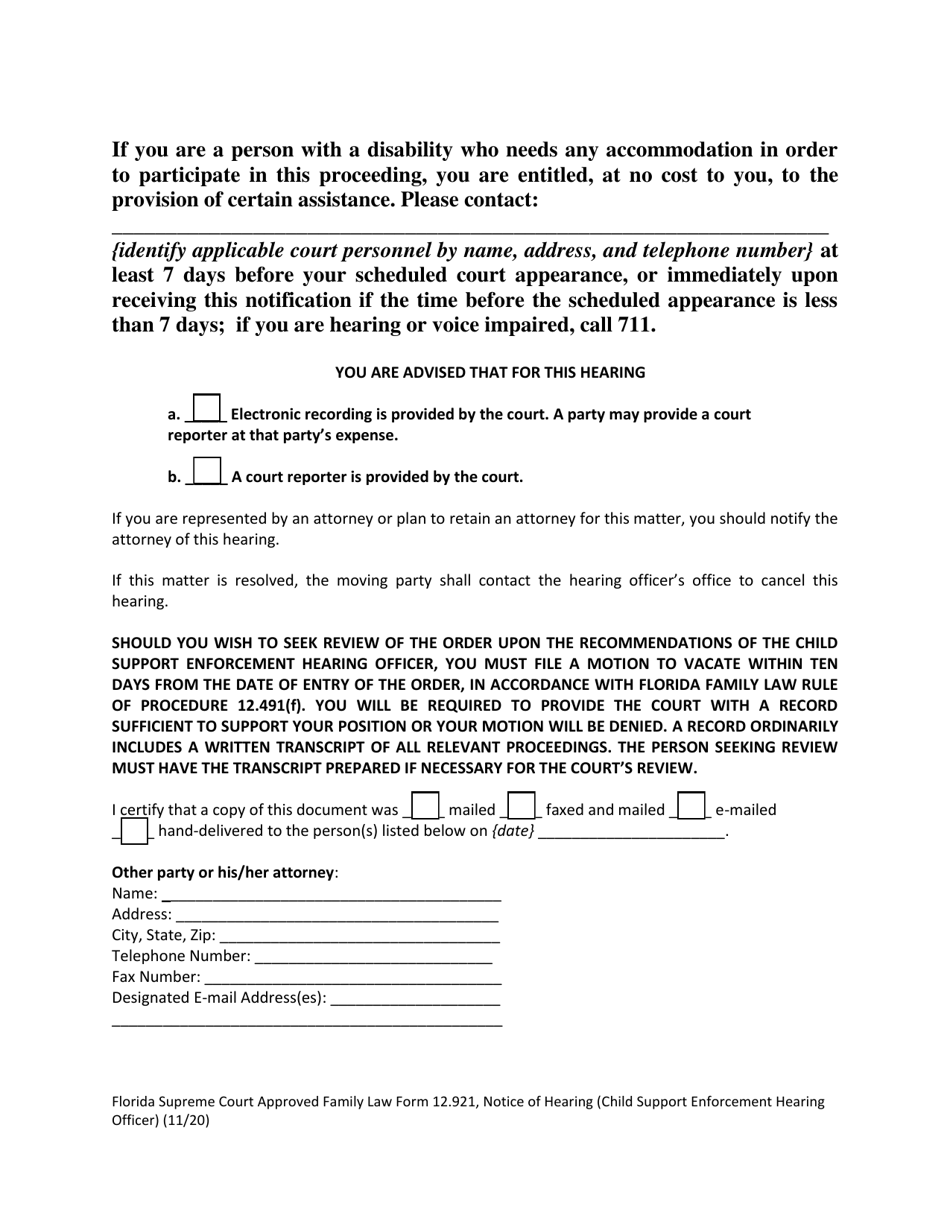 Form 12.921 Notice of Hearing (Child Support Enforcement Hearing Officer) - Florida, Page 4