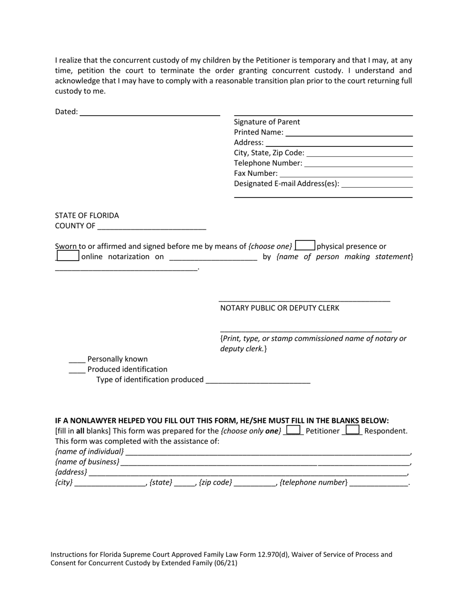 Form 12.970(D) Waiver of Service of Process and Consent for Concurrent Custody by Extended Family - Florida, Page 3