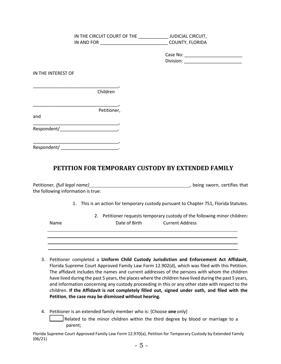 Form 12.970(A) Petition for Temporary Custody by Extended Family - Florida, Page 5