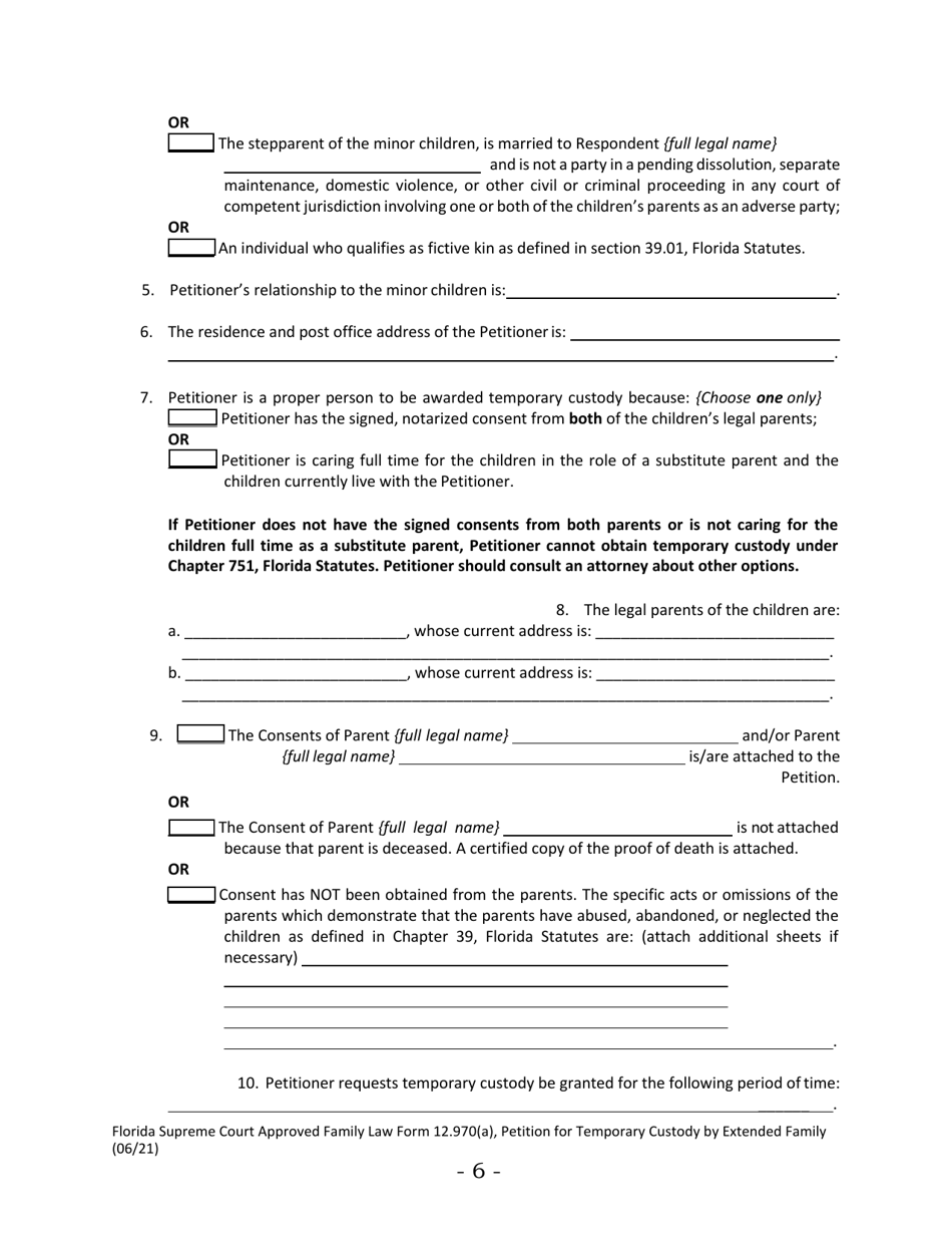 Form 12.970(A) Petition for Temporary Custody by Extended Family - Florida, Page 6