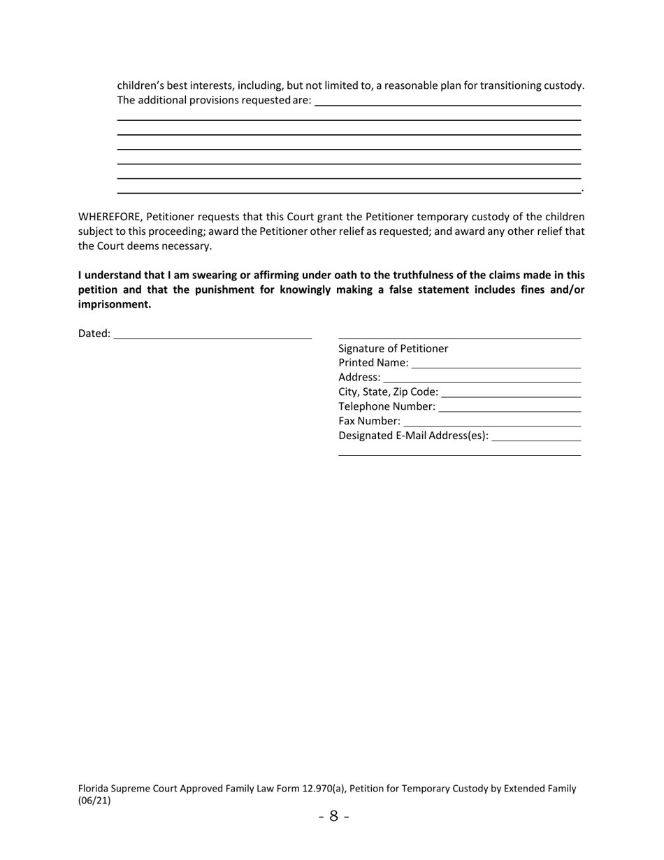 Form 12.970(A) Petition for Temporary Custody by Extended Family - Florida, Page 8