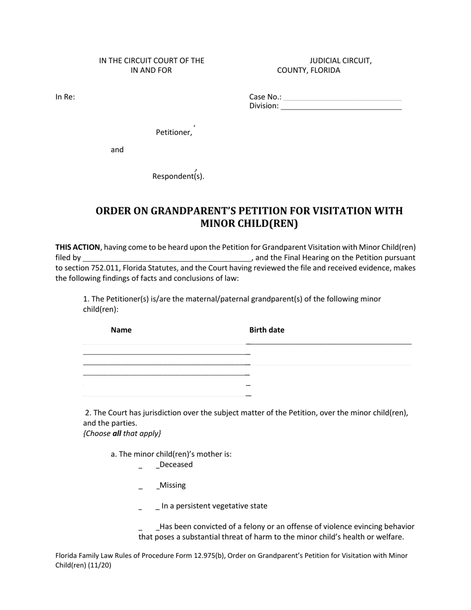 Form 12.975(B) Order on Grandparents Petition for Visitation With Minor Children - Florida, Page 1