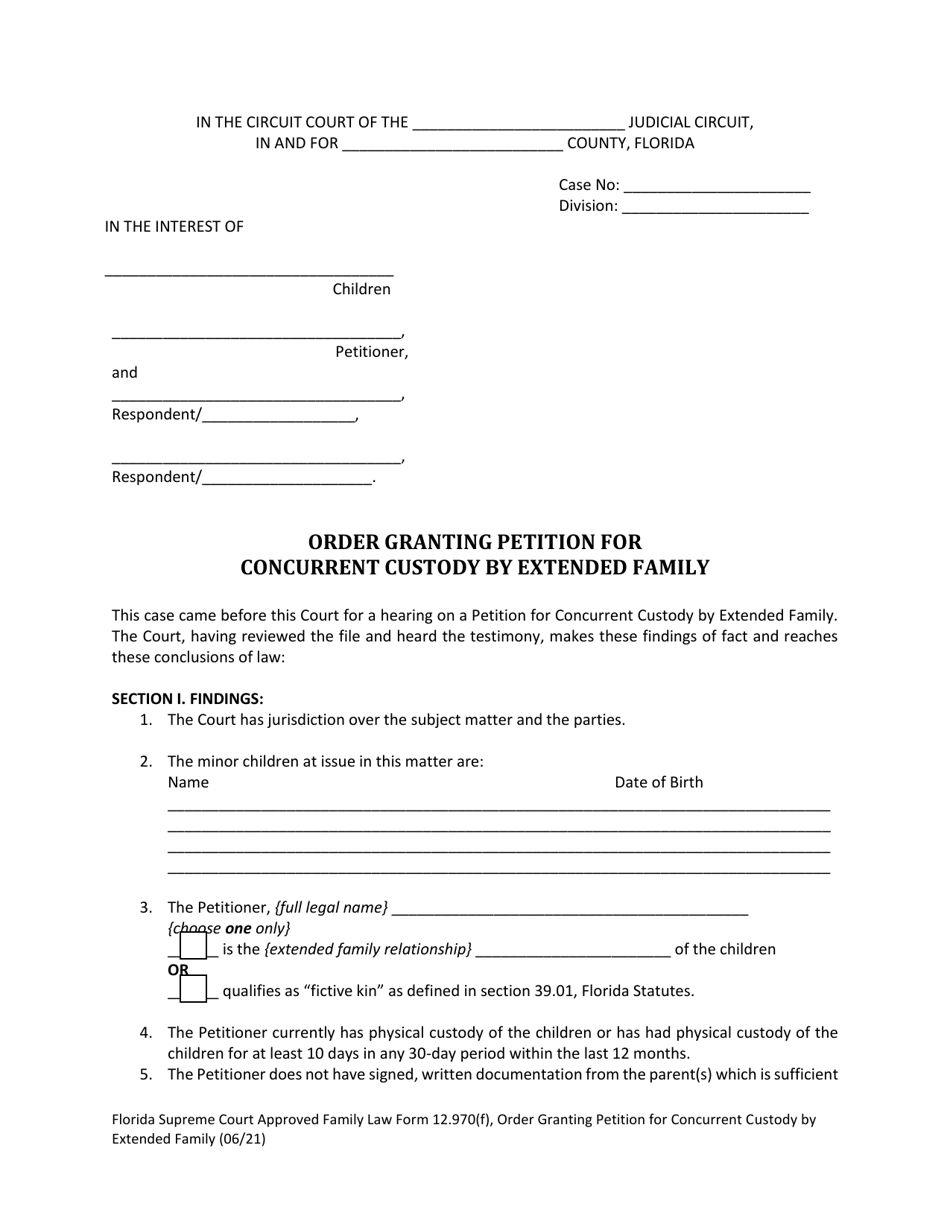 Form 12.970(F) Order Granting Petition for Concurrent Custody by Extended Family - Florida, Page 1