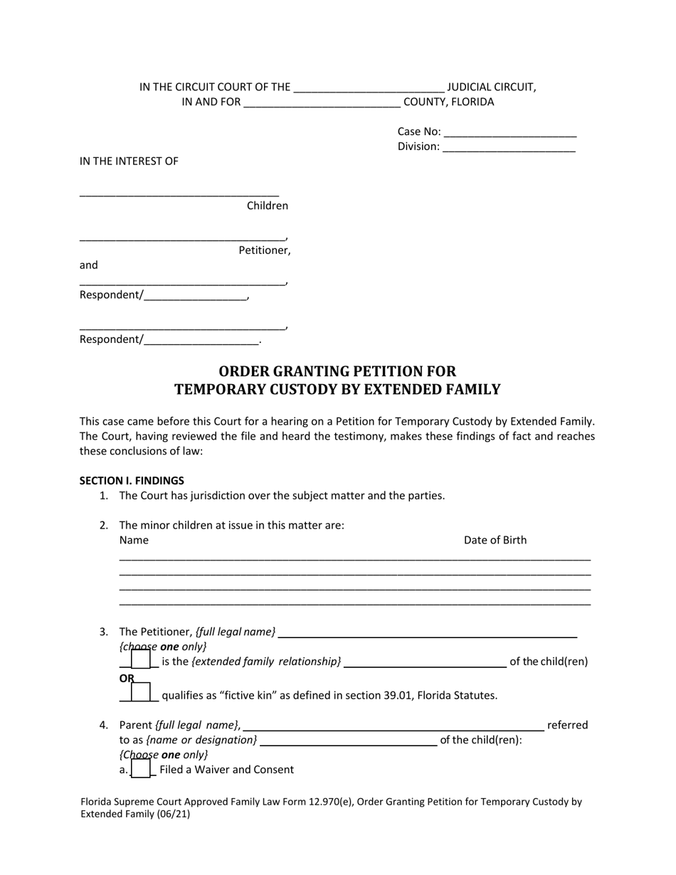 Form 12.970(E) Order Granting Petition for Temporary Custody by Extended Family - Florida, Page 1