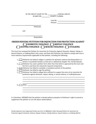Document preview: Form 12.980(B)(2) Order Denying Petition for Injunction for Protection Against Domestic Violence, Repeat Violence, Dating Violence, Sexual Violence, Stalking - Florida