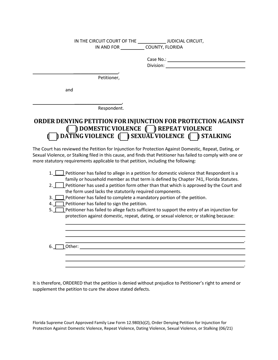 Form 12.980(B)(2) Order Denying Petition for Injunction for Protection Against Domestic Violence, Repeat Violence, Dating Violence, Sexual Violence, Stalking - Florida, Page 1