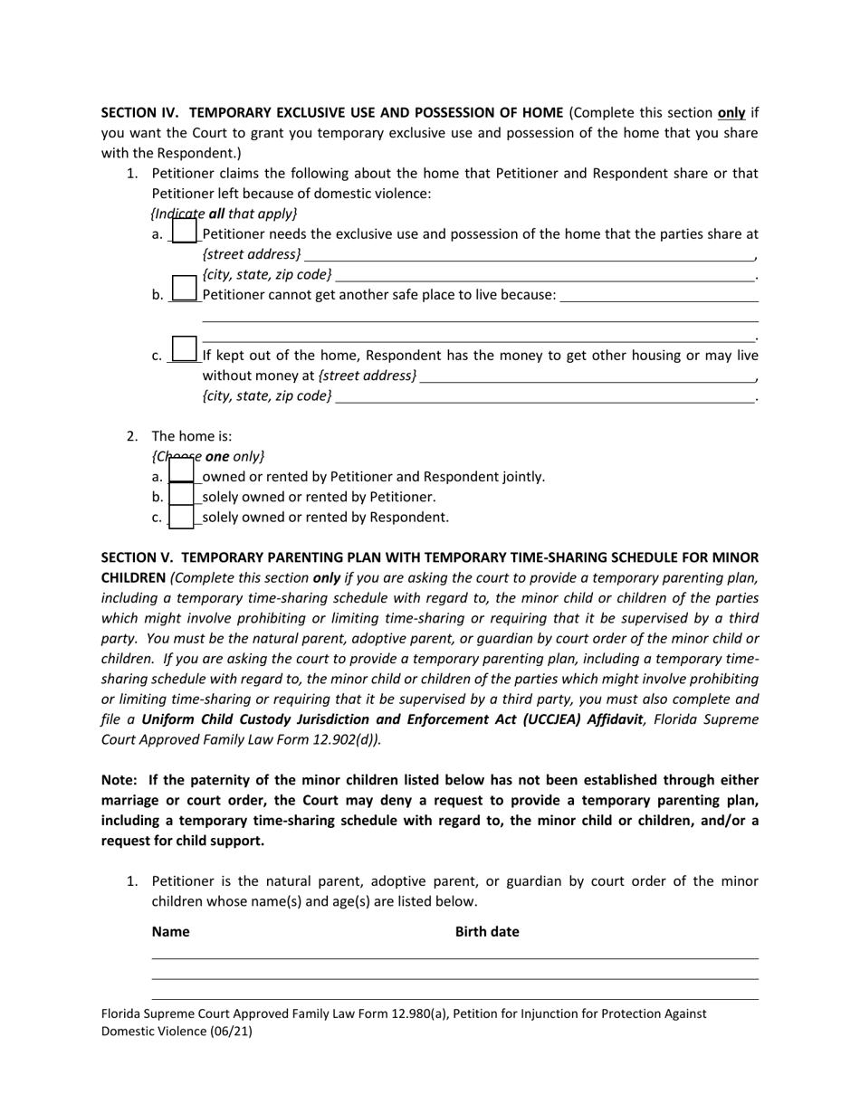 Form 12.980(A) Petition for Injunction for Protection Against Domestic Violence - Florida, Page 10