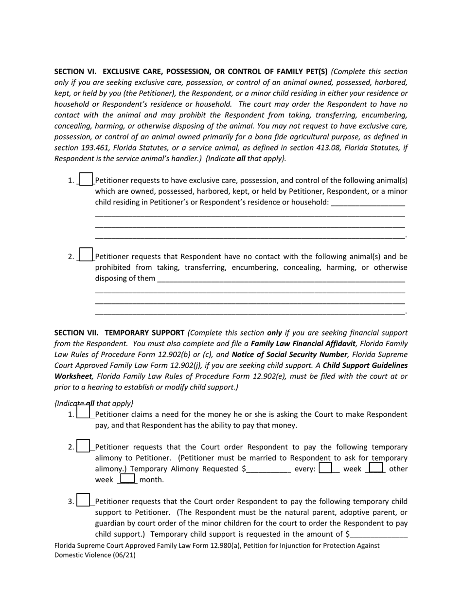 Form 12.980(A) Petition for Injunction for Protection Against Domestic Violence - Florida, Page 12
