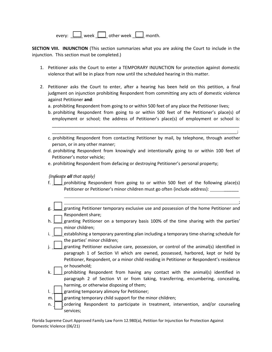 Form 12.980(A) Petition for Injunction for Protection Against Domestic Violence - Florida, Page 13