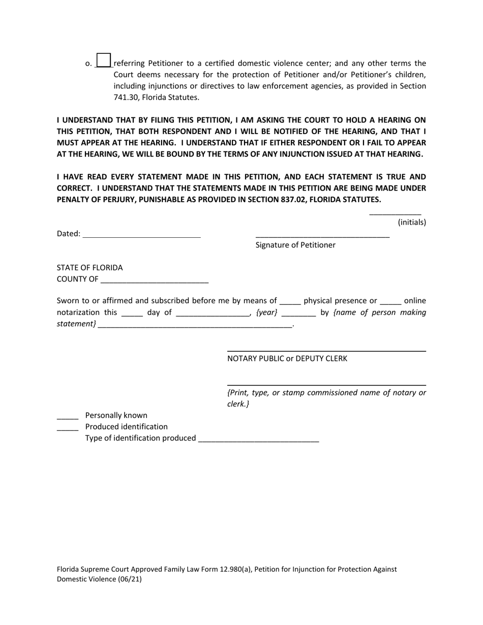 Form 12.980(A) Petition for Injunction for Protection Against Domestic Violence - Florida, Page 14