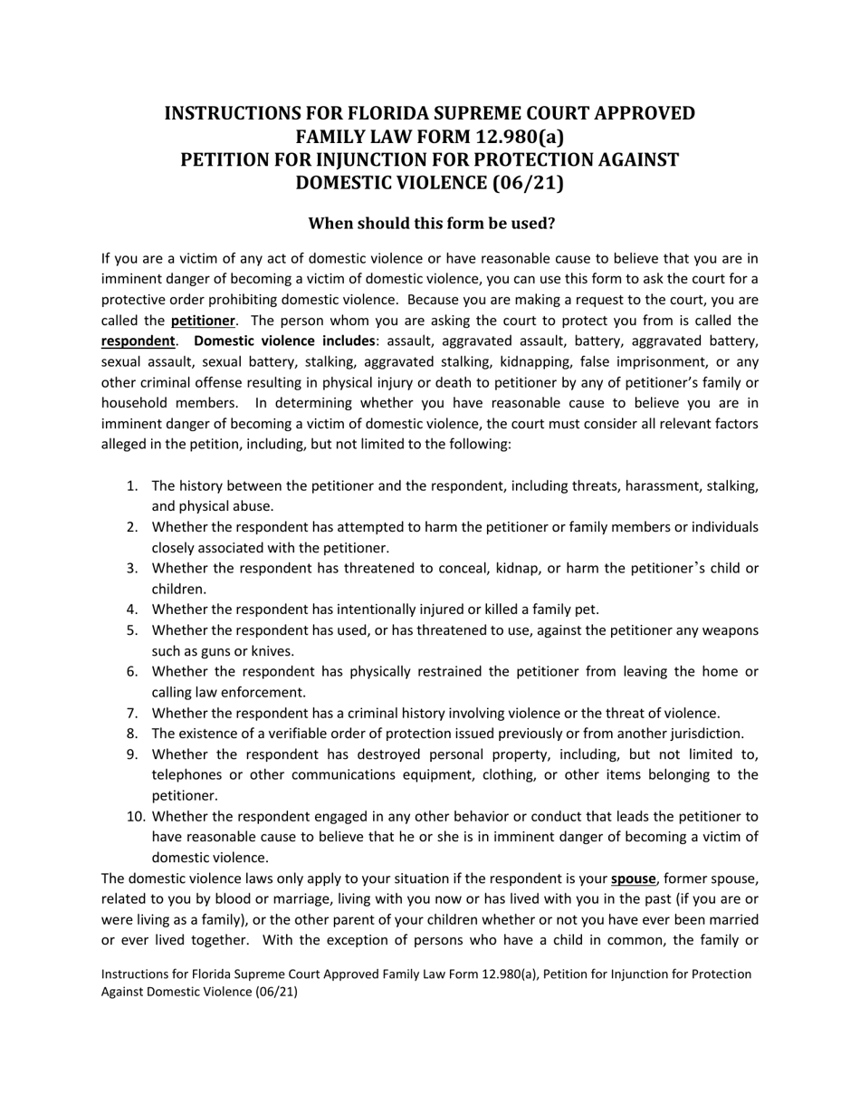 Form 12.980(A) Petition for Injunction for Protection Against Domestic Violence - Florida, Page 1