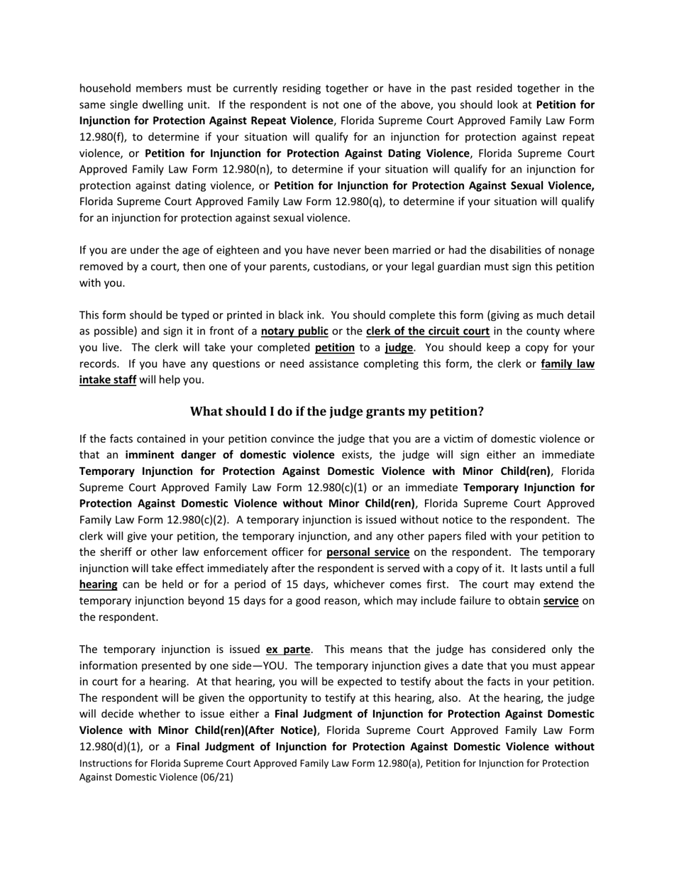 Form 12.980(A) Petition for Injunction for Protection Against Domestic Violence - Florida, Page 2