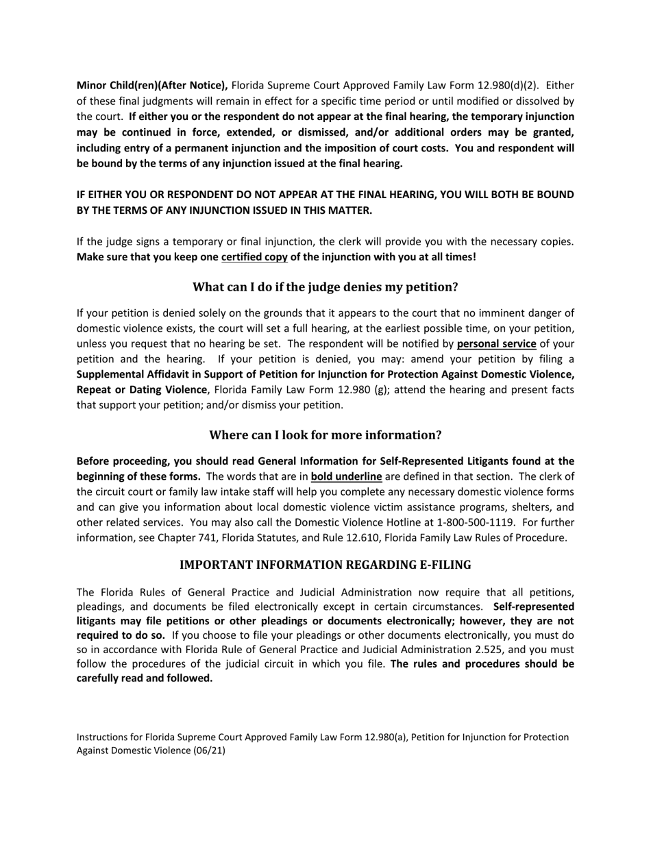 Form 12.980(A) Petition for Injunction for Protection Against Domestic Violence - Florida, Page 3