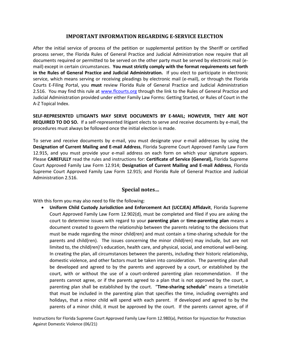 Form 12.980(A) Petition for Injunction for Protection Against Domestic Violence - Florida, Page 4