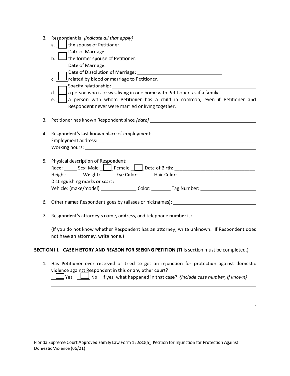 Form 12.980(A) Petition for Injunction for Protection Against Domestic Violence - Florida, Page 7