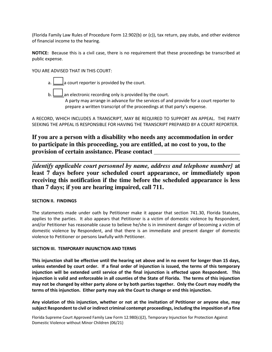 Form 12.980(C)(2) Temporary Injunction for Protection Against Domestic Violence Without Minor Children - Florida, Page 2