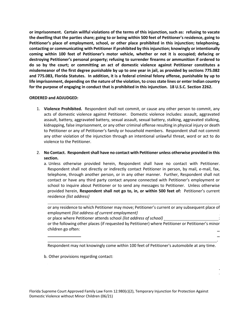 Form 12.980(C)(2) Temporary Injunction for Protection Against Domestic Violence Without Minor Children - Florida, Page 3