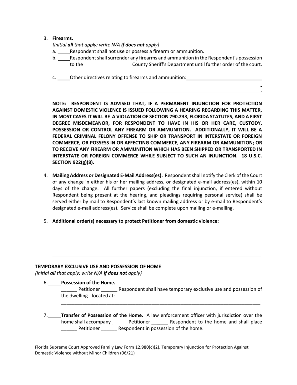 Form 12.980(C)(2) Temporary Injunction for Protection Against Domestic Violence Without Minor Children - Florida, Page 4