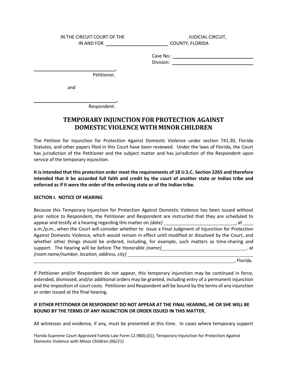 Form 12.980(C)(1) Temporary Injunction for Protection Against Domestic Violence With Minor Child(Ren) - Florida, Page 1