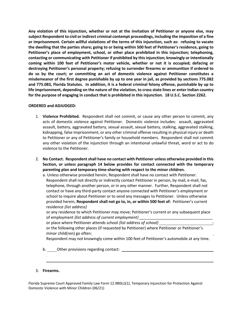 Form 12.980(C)(1) Temporary Injunction for Protection Against Domestic Violence With Minor Child(Ren) - Florida, Page 3
