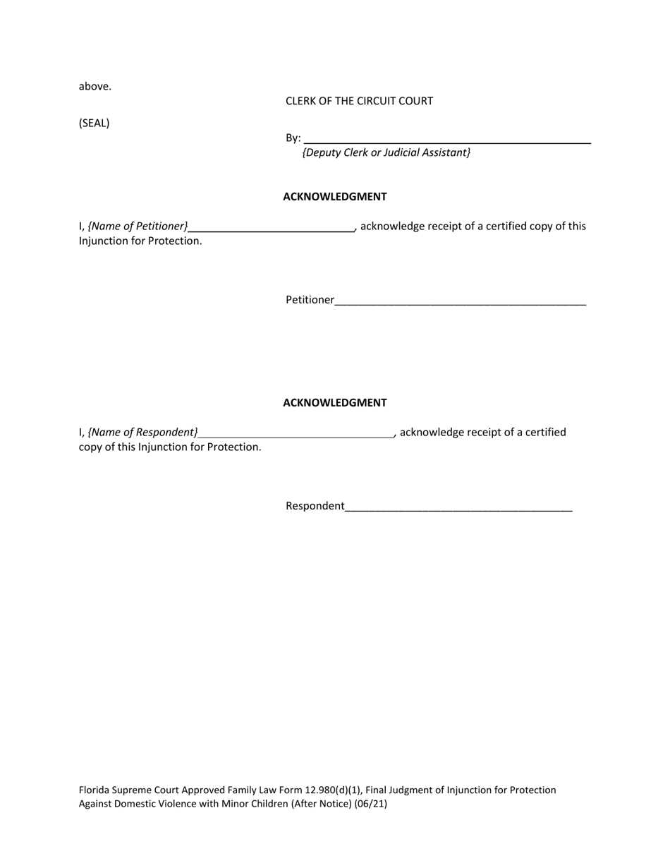 Form 12.980(D)(1) Final Judgment of Injunction for Protection Against Domestic Violence With Minor Children (After Notice) - Florida, Page 12