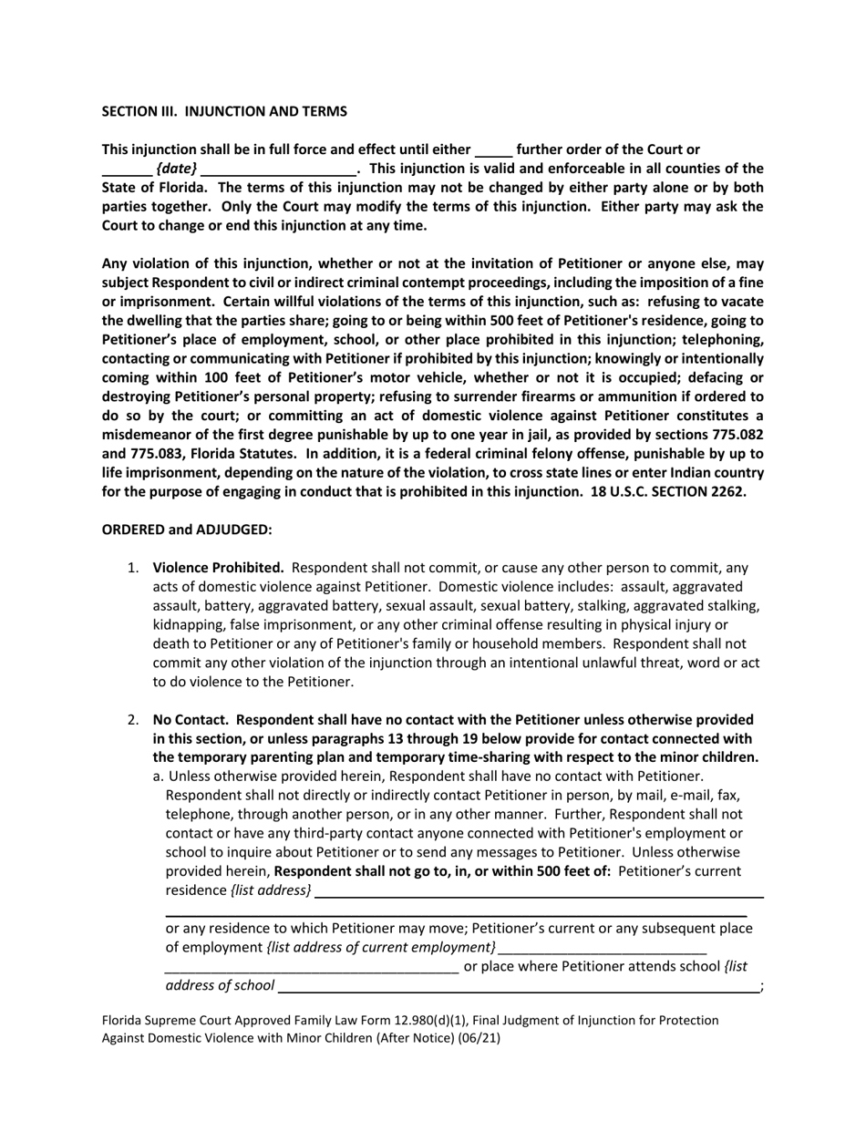 Form 12.980(D)(1) Final Judgment of Injunction for Protection Against Domestic Violence With Minor Children (After Notice) - Florida, Page 2
