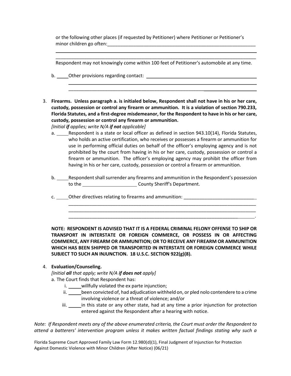 Form 12.980(D)(1) Final Judgment of Injunction for Protection Against Domestic Violence With Minor Children (After Notice) - Florida, Page 3