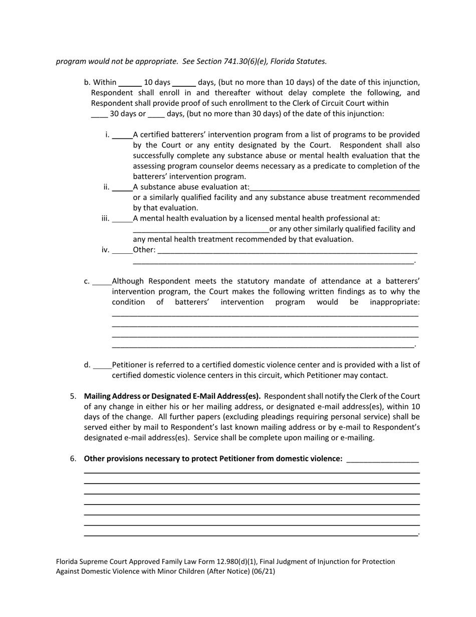 Form 12.980(D)(1) Final Judgment of Injunction for Protection Against Domestic Violence With Minor Children (After Notice) - Florida, Page 4
