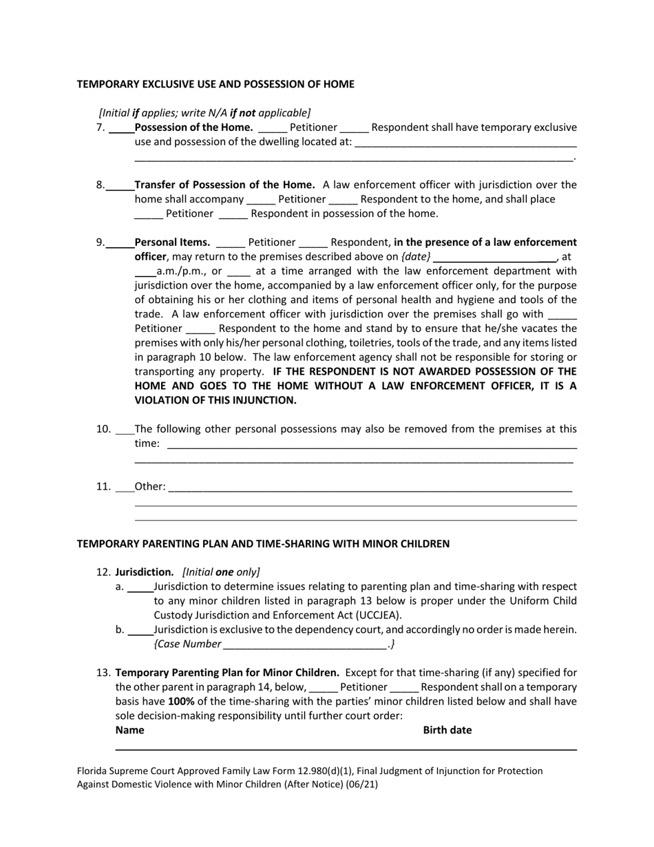 Form 12.980(D)(1) Download Printable PDF or Fill Online Final Judgment ...