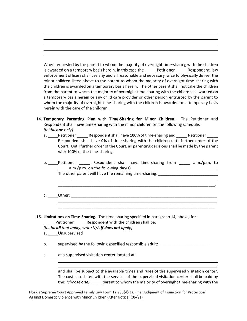 Form 12.980(D)(1) Final Judgment of Injunction for Protection Against Domestic Violence With Minor Children (After Notice) - Florida, Page 6