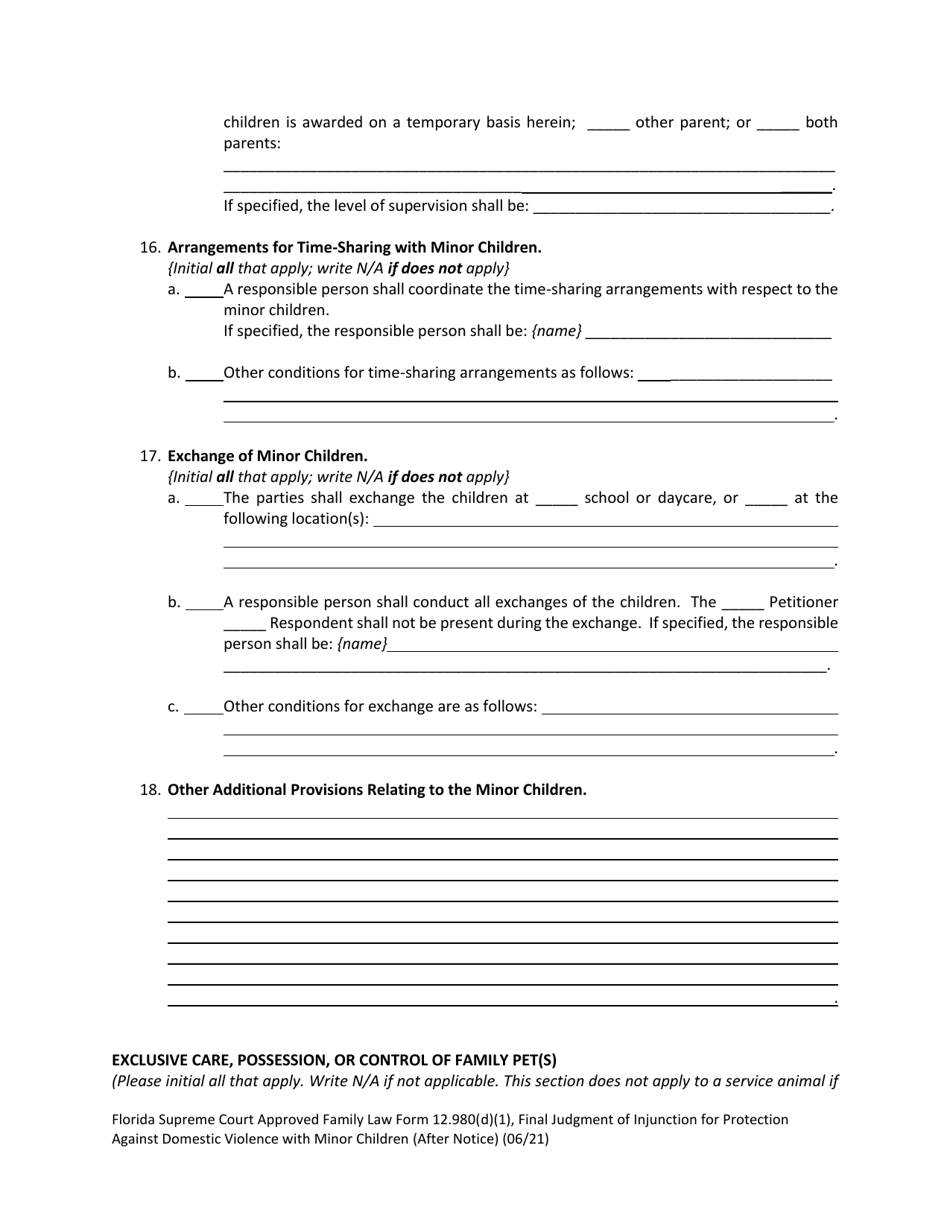Form 12.980(D)(1) Final Judgment of Injunction for Protection Against Domestic Violence With Minor Children (After Notice) - Florida, Page 7