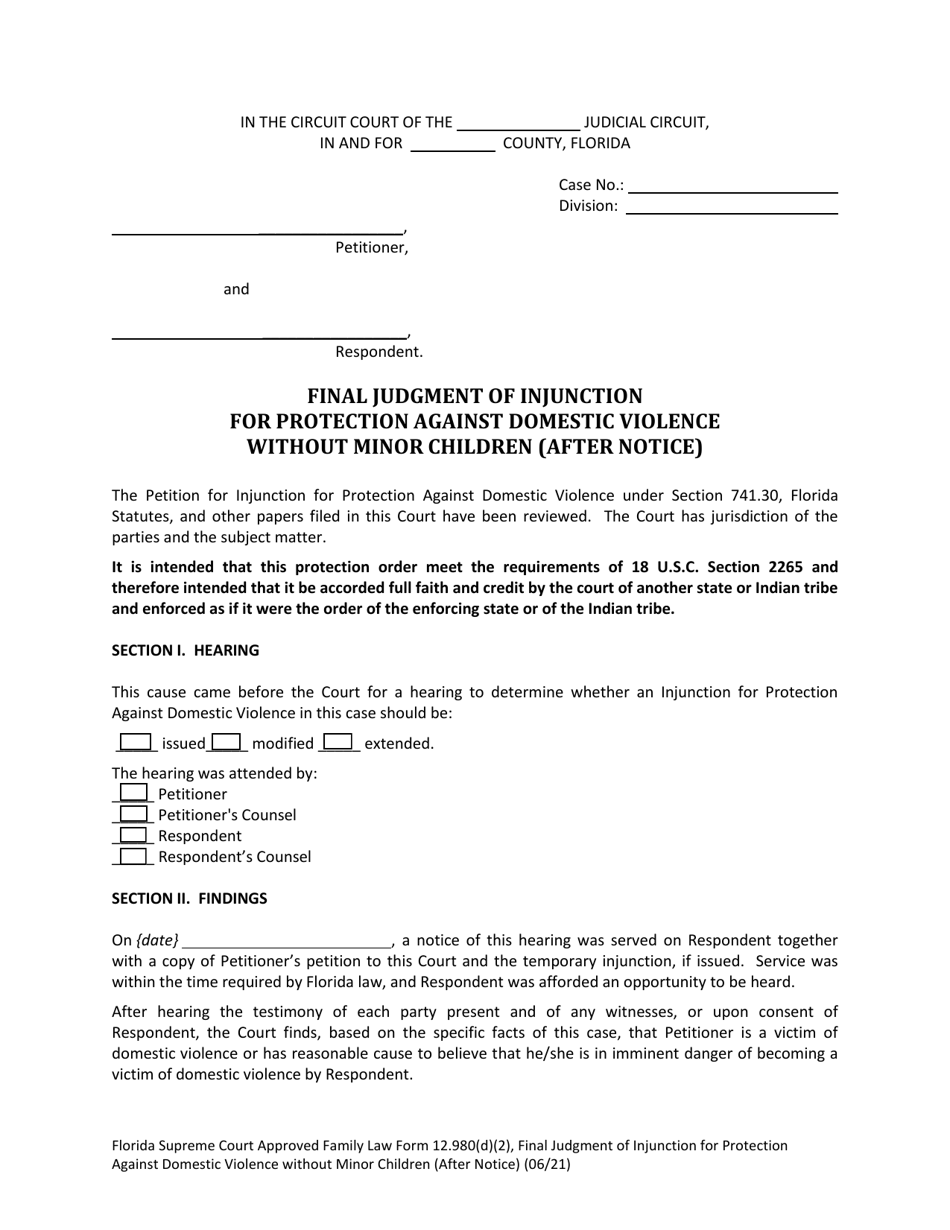 Form 12.980(D)(2) Final Judgment of Injunction for Protection Against Domestic Violence Without Minor Children (After Notice) - Florida, Page 1