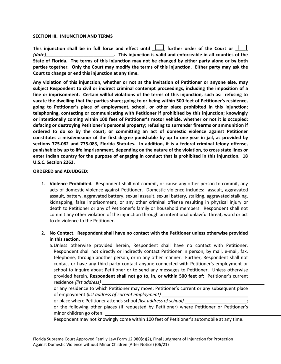 Form 12.980(D)(2) Final Judgment of Injunction for Protection Against Domestic Violence Without Minor Children (After Notice) - Florida, Page 2