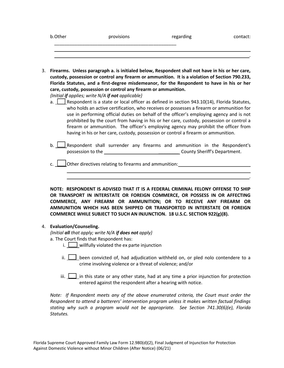 Form 12.980(D)(2) Final Judgment of Injunction for Protection Against Domestic Violence Without Minor Children (After Notice) - Florida, Page 3