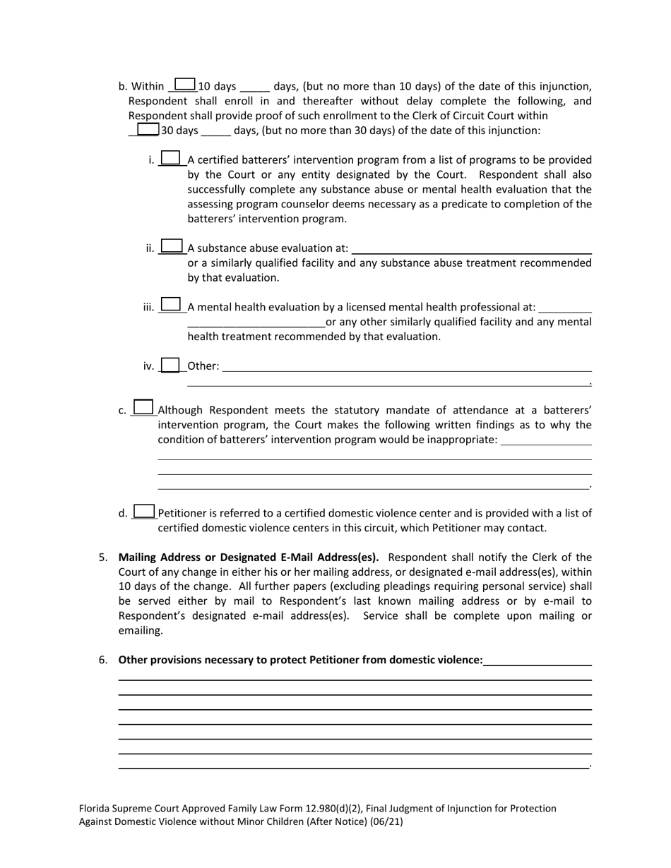 Form 12.980(D)(2) Final Judgment of Injunction for Protection Against Domestic Violence Without Minor Children (After Notice) - Florida, Page 4